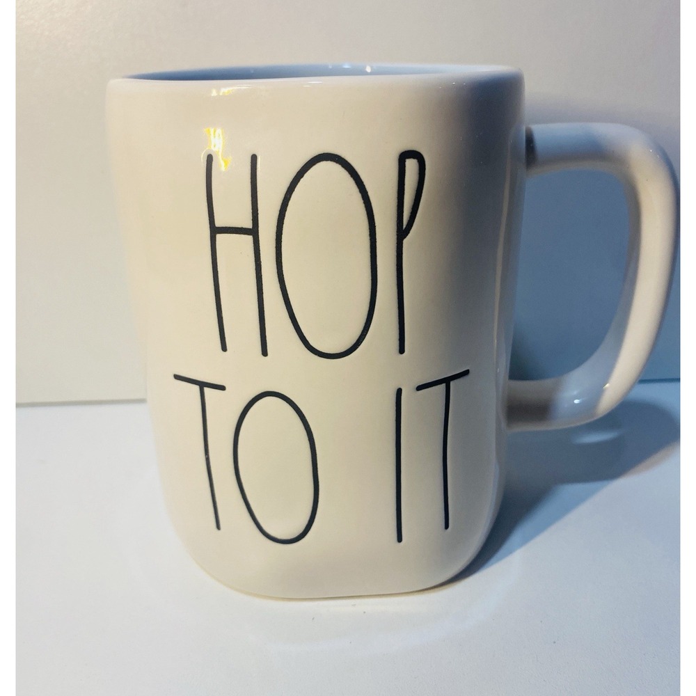 Rae Dunn HOP TO IT Mug Blue Interior Large Letter LL Easter Spring NEW